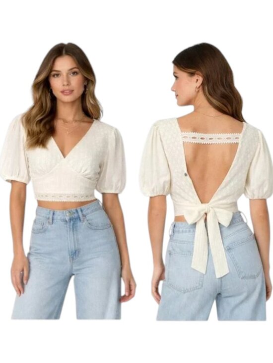 Z&L Europe Tops - Z&L Europe Hampton Crop Top Ivory Open Back Puff Sleeve Size L